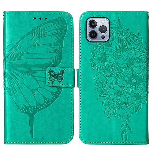 Leather Case Stands Butterfly Flip Cover L10 Holder for Apple iPhone 14 Pro Green