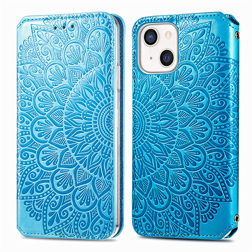 Leather Case Stands Fashionable Pattern Flip Cover H01 Holder for Apple iPhone 13 Mini Blue
