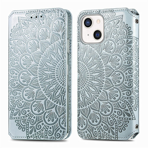 Leather Case Stands Fashionable Pattern Flip Cover H01 Holder for Apple iPhone 14 Silver