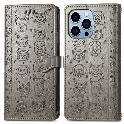 Leather Case Stands Fashionable Pattern Flip Cover H12 Holder for Apple iPhone 14 Pro Max Gray