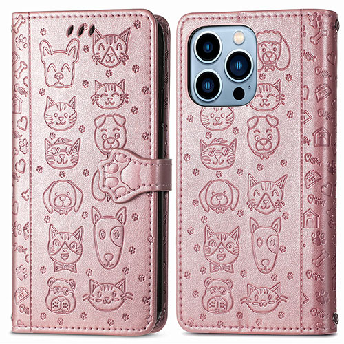 Leather Case Stands Fashionable Pattern Flip Cover H12 Holder for Apple iPhone 14 Pro Max Rose Gold