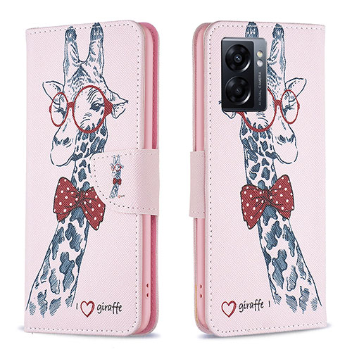 Leather Case Stands Fashionable Pattern Flip Cover Holder B01F for OnePlus Nord N300 5G Pink