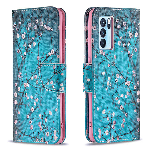 Leather Case Stands Fashionable Pattern Flip Cover Holder B01F for Oppo Reno6 Pro 5G India Cyan