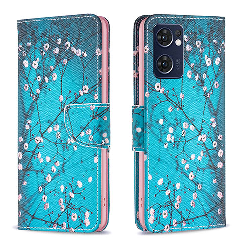 Leather Case Stands Fashionable Pattern Flip Cover Holder B01F for Oppo Reno7 5G Cyan