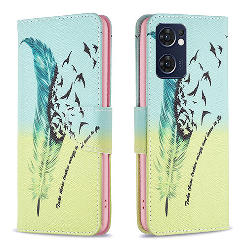 Leather Case Stands Fashionable Pattern Flip Cover Holder B01F for Oppo Reno7 5G Matcha Green