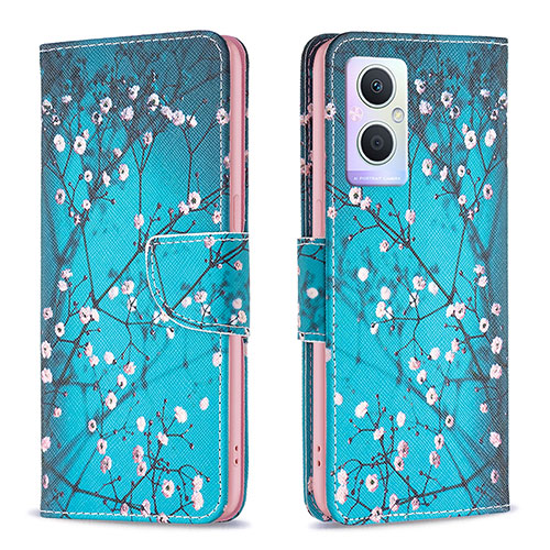 Leather Case Stands Fashionable Pattern Flip Cover Holder B01F for Oppo Reno8 Lite 5G Cyan