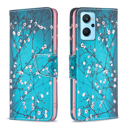 Leather Case Stands Fashionable Pattern Flip Cover Holder B01F for Realme 9i 4G Cyan