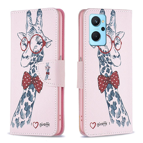 Leather Case Stands Fashionable Pattern Flip Cover Holder B01F for Realme 9i 4G Pink