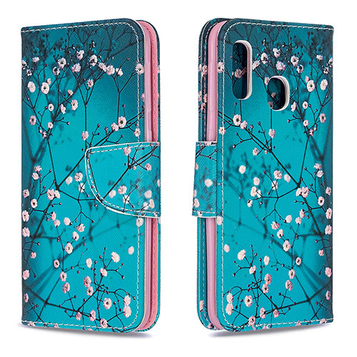 Leather Case Stands Fashionable Pattern Flip Cover Holder B01F for Samsung Galaxy A20e Cyan