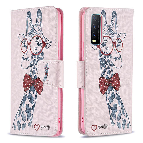Leather Case Stands Fashionable Pattern Flip Cover Holder B01F for Vivo Y12s Pink