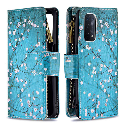 Leather Case Stands Fashionable Pattern Flip Cover Holder B04F for OnePlus Nord N200 5G Cyan