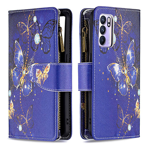 Leather Case Stands Fashionable Pattern Flip Cover Holder B04F for Oppo Reno6 5G Navy Blue
