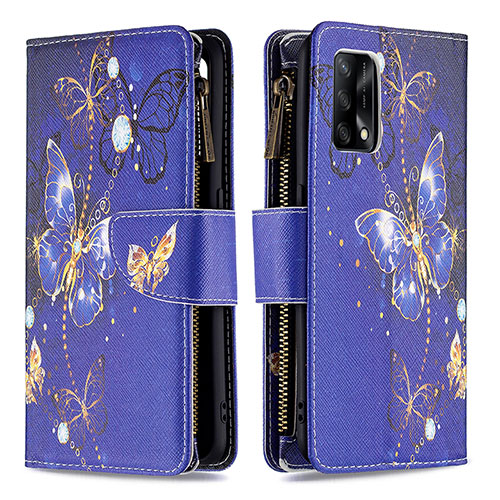 Leather Case Stands Fashionable Pattern Flip Cover Holder B04F for Oppo Reno6 Lite Navy Blue