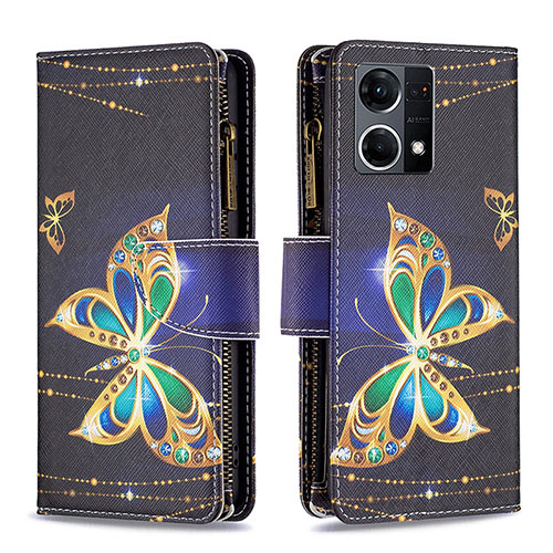 Leather Case Stands Fashionable Pattern Flip Cover Holder B04F for Oppo Reno7 4G Black