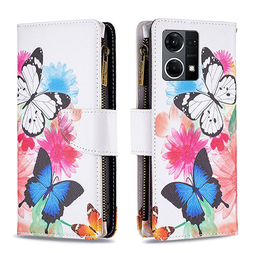 Leather Case Stands Fashionable Pattern Flip Cover Holder B04F for Oppo Reno7 4G Colorful
