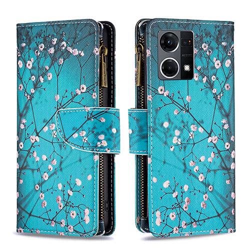 Leather Case Stands Fashionable Pattern Flip Cover Holder B04F for Oppo Reno7 4G Cyan