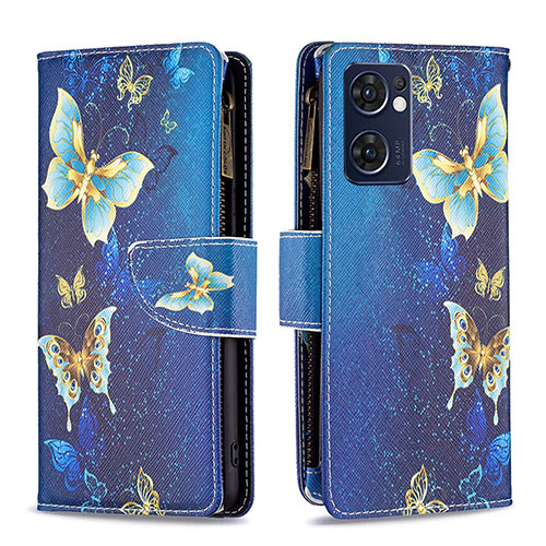 Leather Case Stands Fashionable Pattern Flip Cover Holder B04F for Oppo Reno7 5G Blue