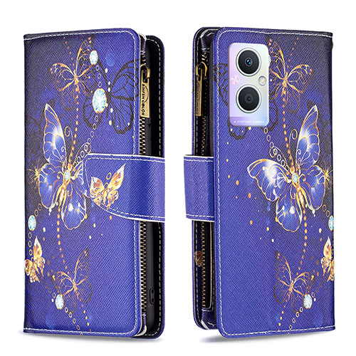 Leather Case Stands Fashionable Pattern Flip Cover Holder B04F for Oppo Reno7 Lite 5G Navy Blue