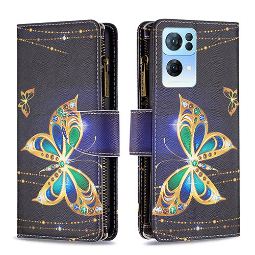 Leather Case Stands Fashionable Pattern Flip Cover Holder B04F for Oppo Reno7 Pro 5G Black