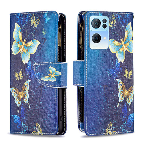 Leather Case Stands Fashionable Pattern Flip Cover Holder B04F for Oppo Reno7 Pro 5G Blue