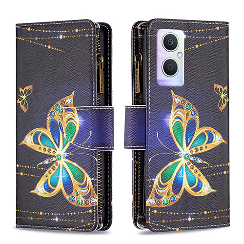 Leather Case Stands Fashionable Pattern Flip Cover Holder B04F for Oppo Reno8 Lite 5G Black