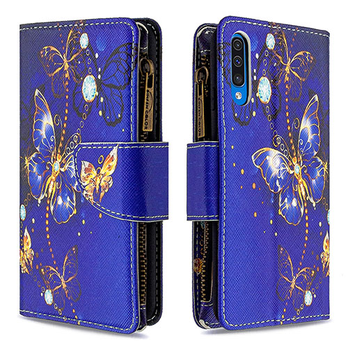Leather Case Stands Fashionable Pattern Flip Cover Holder B04F for Samsung Galaxy A50 Navy Blue