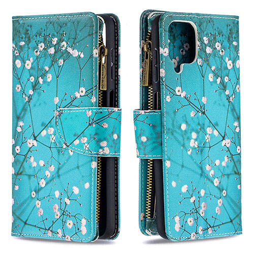 Leather Case Stands Fashionable Pattern Flip Cover Holder B04F for Samsung Galaxy M12 Cyan