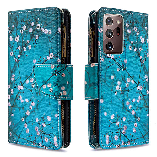 Leather Case Stands Fashionable Pattern Flip Cover Holder B04F for Samsung Galaxy Note 20 Ultra 5G Cyan