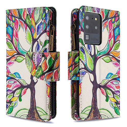 Leather Case Stands Fashionable Pattern Flip Cover Holder B04F for Samsung Galaxy S20 Ultra 5G Green