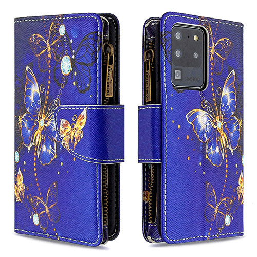 Leather Case Stands Fashionable Pattern Flip Cover Holder B04F for Samsung Galaxy S20 Ultra 5G Navy Blue