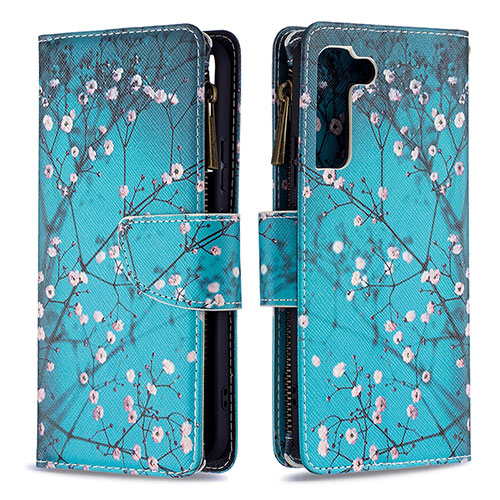 Leather Case Stands Fashionable Pattern Flip Cover Holder B04F for Samsung Galaxy S21 5G Cyan