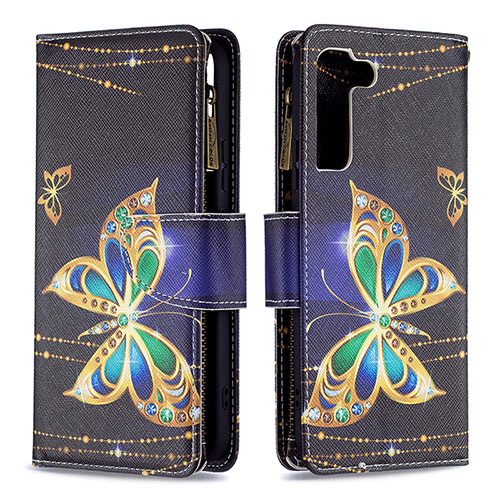 Leather Case Stands Fashionable Pattern Flip Cover Holder B04F for Samsung Galaxy S22 5G Black