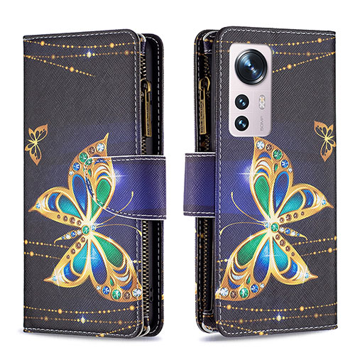 Leather Case Stands Fashionable Pattern Flip Cover Holder B04F for Xiaomi Mi 12 5G Gold and Black