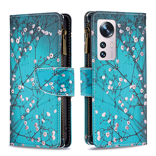 Leather Case Stands Fashionable Pattern Flip Cover Holder B04F for Xiaomi Mi 12X 5G Cyan
