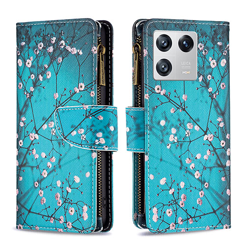 Leather Case Stands Fashionable Pattern Flip Cover Holder B04F for Xiaomi Mi 13 5G Cyan