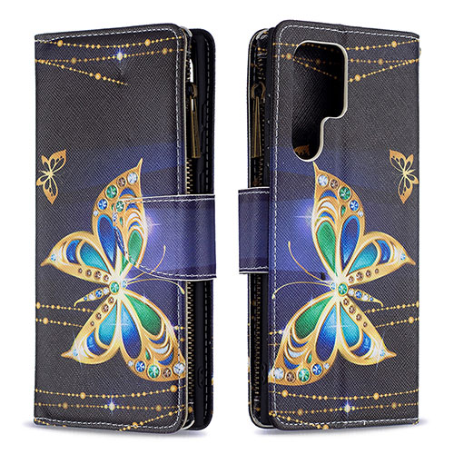 Leather Case Stands Fashionable Pattern Flip Cover Holder B05F for Samsung Galaxy S21 Ultra 5G Black