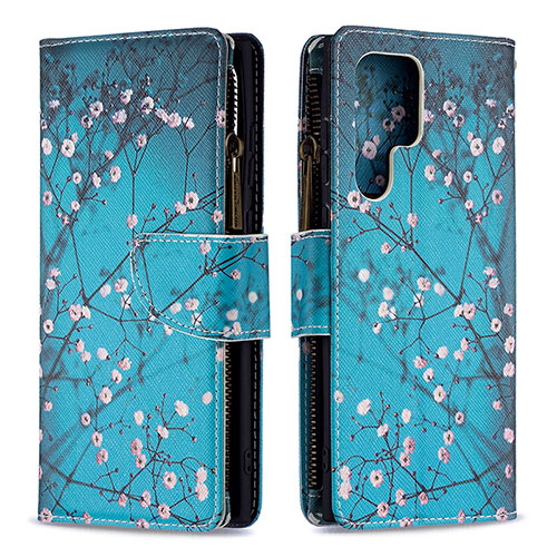 Leather Case Stands Fashionable Pattern Flip Cover Holder B05F for Samsung Galaxy S21 Ultra 5G Cyan