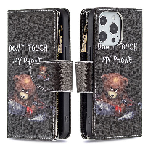 Leather Case Stands Fashionable Pattern Flip Cover Holder for Apple iPhone 13 Pro Max Black
