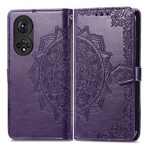 Leather Case Stands Fashionable Pattern Flip Cover Holder for Huawei Honor 50 Pro 5G Purple
