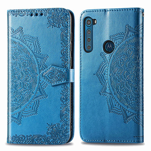 Leather Case Stands Fashionable Pattern Flip Cover Holder for Motorola Moto One Fusion Plus Blue