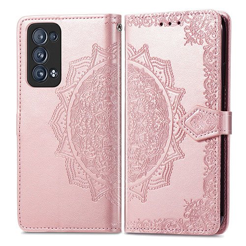 Leather Case Stands Fashionable Pattern Flip Cover Holder for Oppo Reno6 Pro 5G Rose Gold