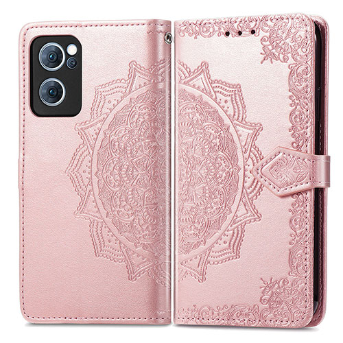 Leather Case Stands Fashionable Pattern Flip Cover Holder for Oppo Reno7 4G Rose Gold