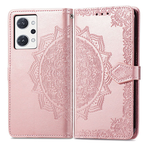 Leather Case Stands Fashionable Pattern Flip Cover Holder for Oppo Reno7 A Rose Gold