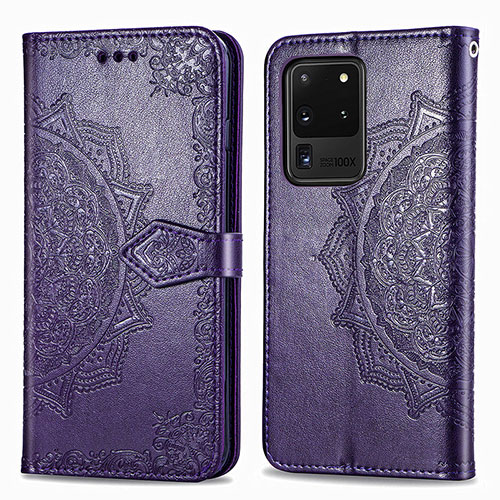 Leather Case Stands Fashionable Pattern Flip Cover Holder for Samsung Galaxy S20 Ultra 5G Purple