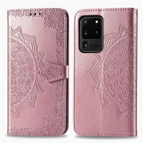 Leather Case Stands Fashionable Pattern Flip Cover Holder for Samsung Galaxy S20 Ultra 5G Rose Gold