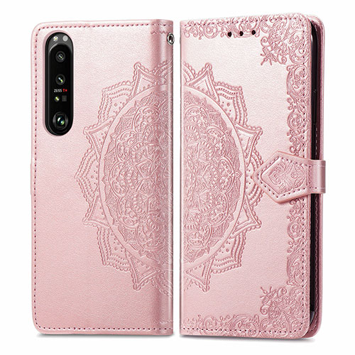 Leather Case Stands Fashionable Pattern Flip Cover Holder for Sony Xperia 1 III Rose Gold