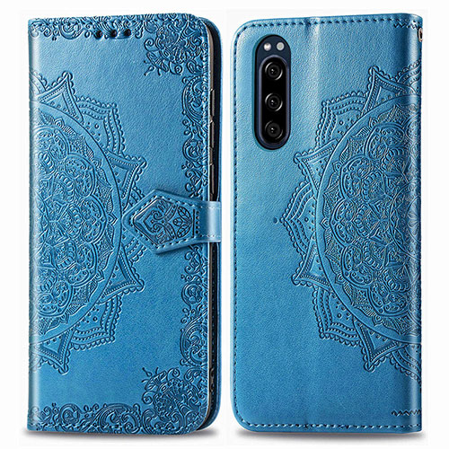 Leather Case Stands Fashionable Pattern Flip Cover Holder for Sony Xperia 5 Blue