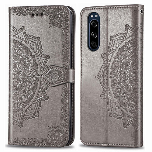 Leather Case Stands Fashionable Pattern Flip Cover Holder for Sony Xperia 5 Gray