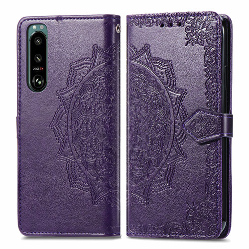 Leather Case Stands Fashionable Pattern Flip Cover Holder for Sony Xperia 5 III Purple