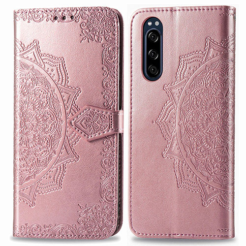 Leather Case Stands Fashionable Pattern Flip Cover Holder for Sony Xperia 5 Rose Gold